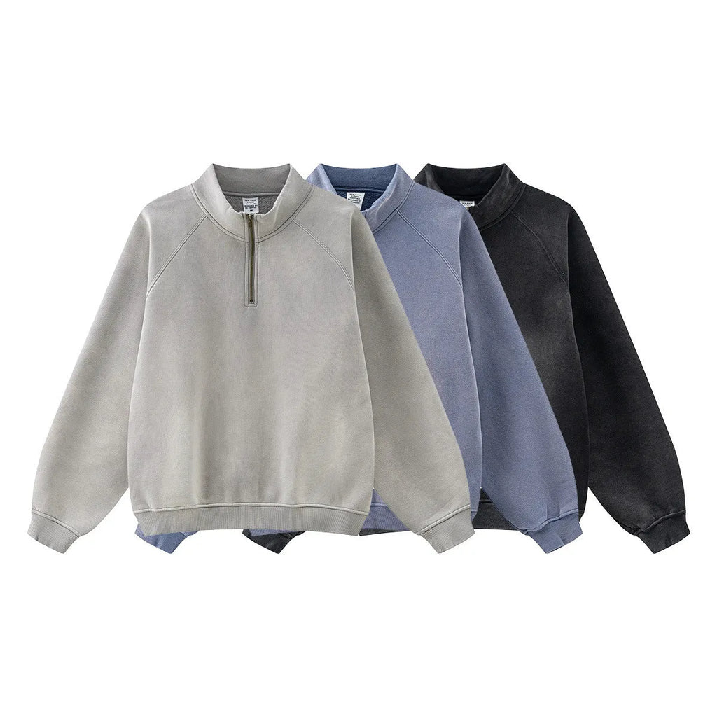 Men's half zipped stand collar pullover sweater in solid colour with side pockets, polyester fibre, leisure wear