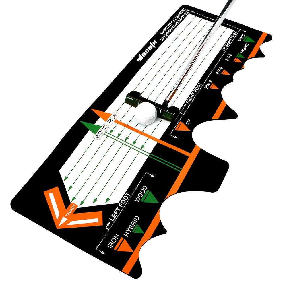 Black neoprene golf swing standing posture auxiliary pad on a practice surface.