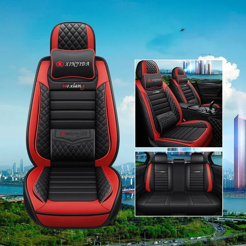 Red leather universal car seat cushion with high elastic sponge filling shown on a car seat.
