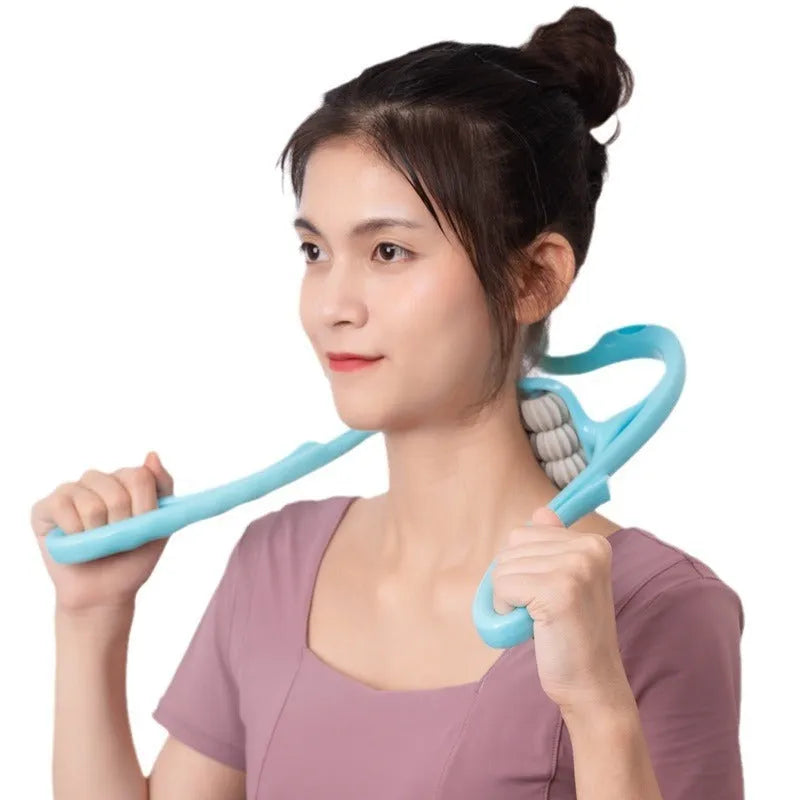 Blue plastic handheld massager with six rotating wheels for neck, shoulder and waist.
