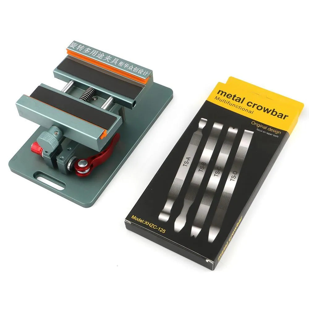 Mobile phone repair fixture with adjustable clamp and demolition crowbar tool
