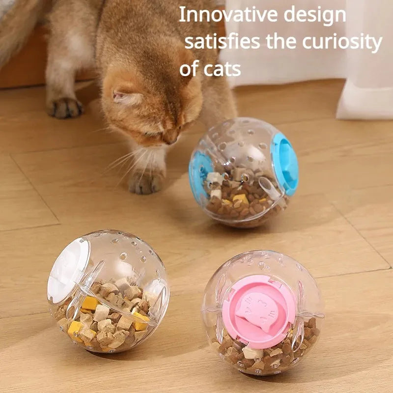 11.5cm ABS slow feeding ball for cats in blue, pink, or white with visible food bin