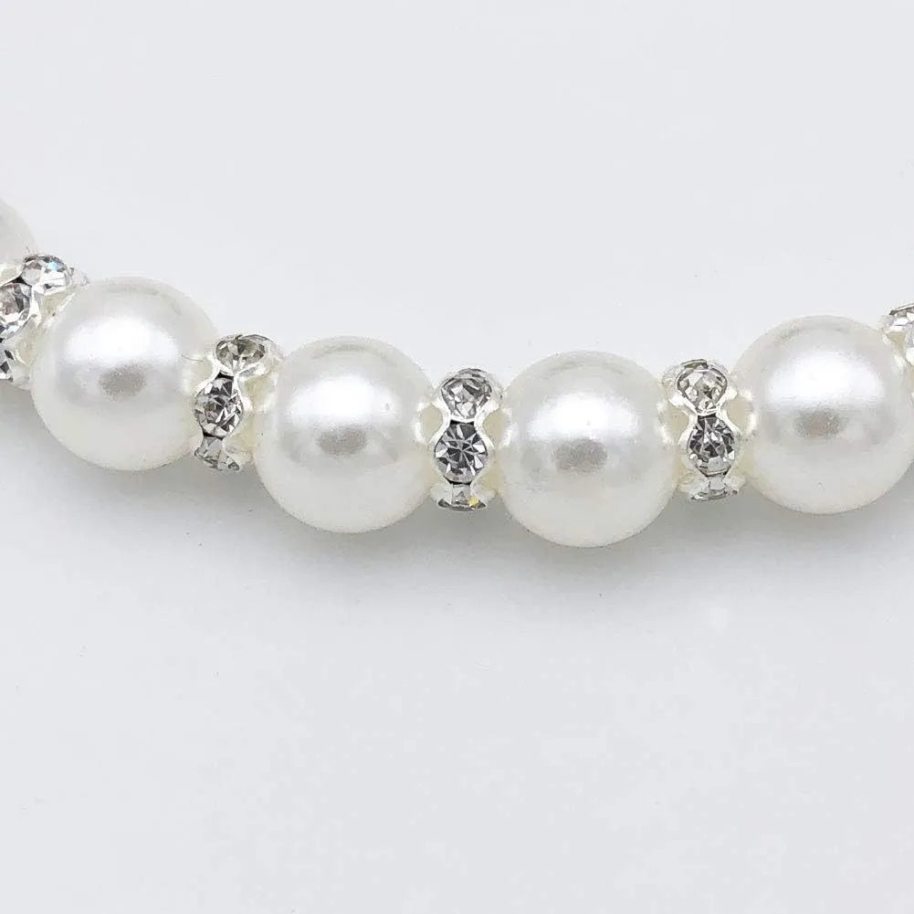 Adjustable pearl and rhinestone necklace with ribbon bow for small dogs and cats