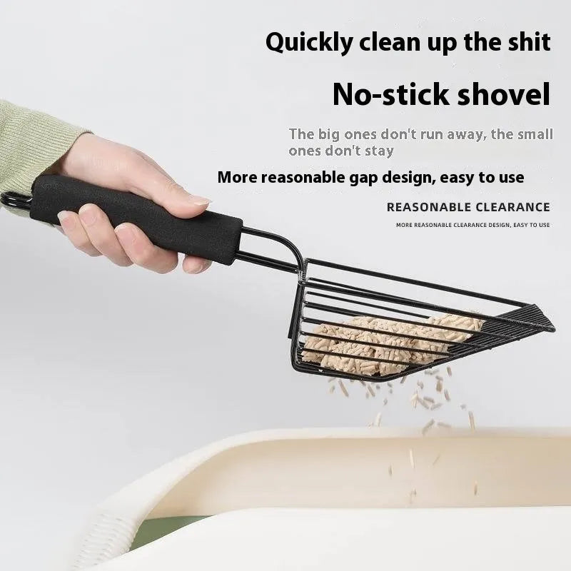 Black metal cat litter scoop with a long handle and a sifting head showing a narrow mesh gap.