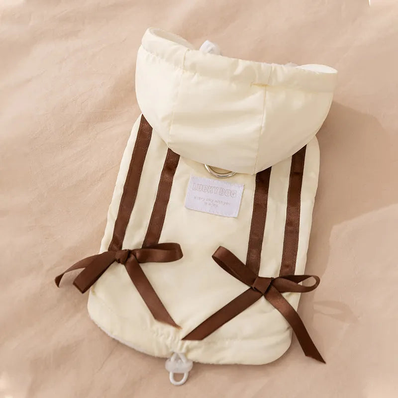 Hooded padded pet vest with bow ties for small cats and dogs, beige and pink, sizes XS to XXL