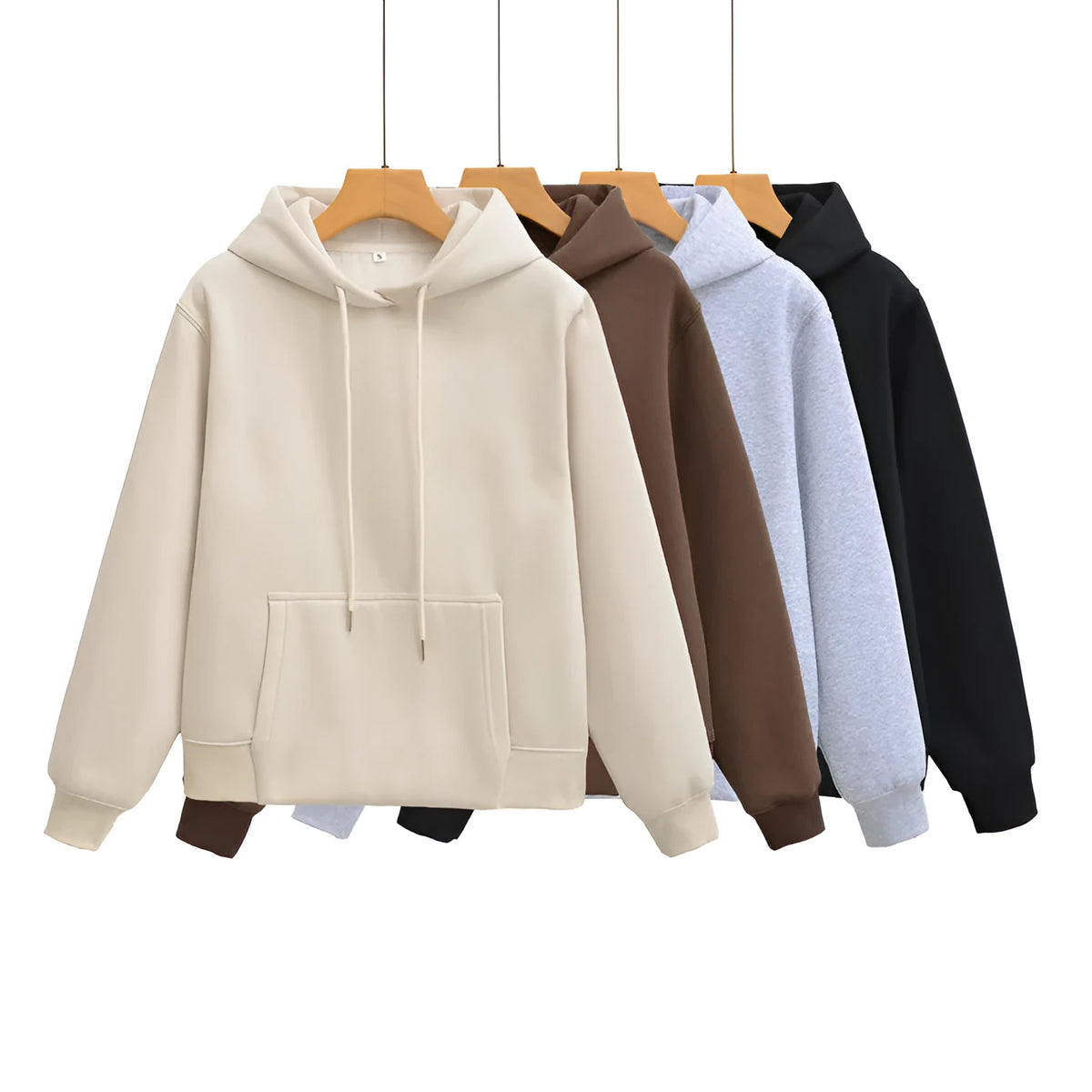 Women's hooded sweater and wide-leg pants set in solid colour polyester blend, beige top and camel trousers