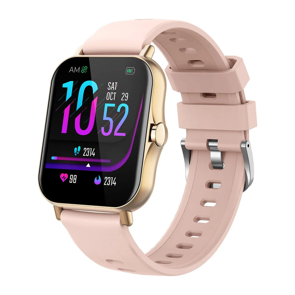 Smart watch with curved touch screen displaying heart rate monitoring interface in blue colour option