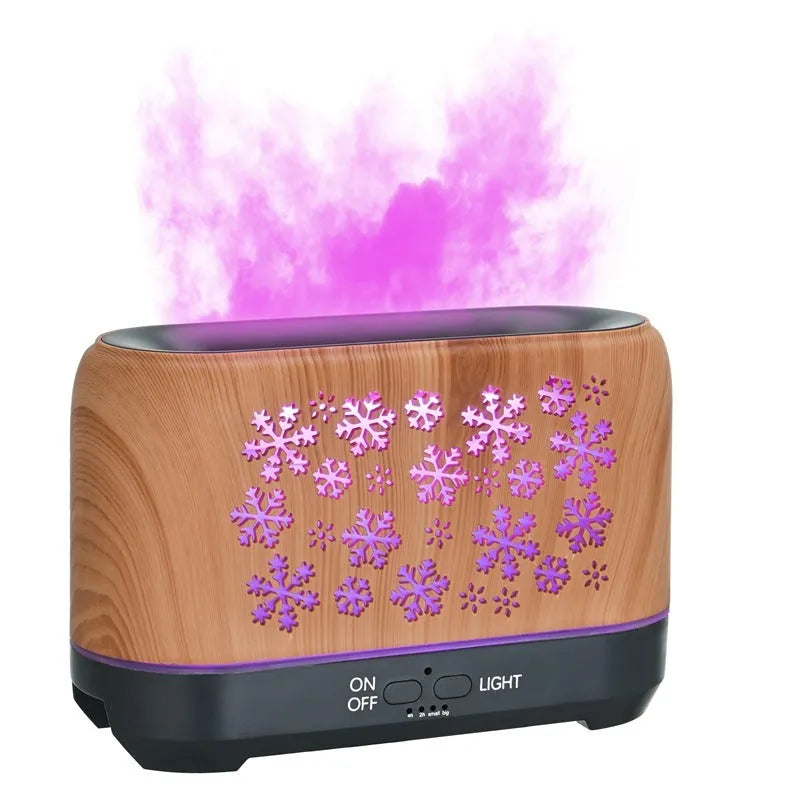 Christmas snowflake pattern humidifier with colourful flame effect and wood grain finish