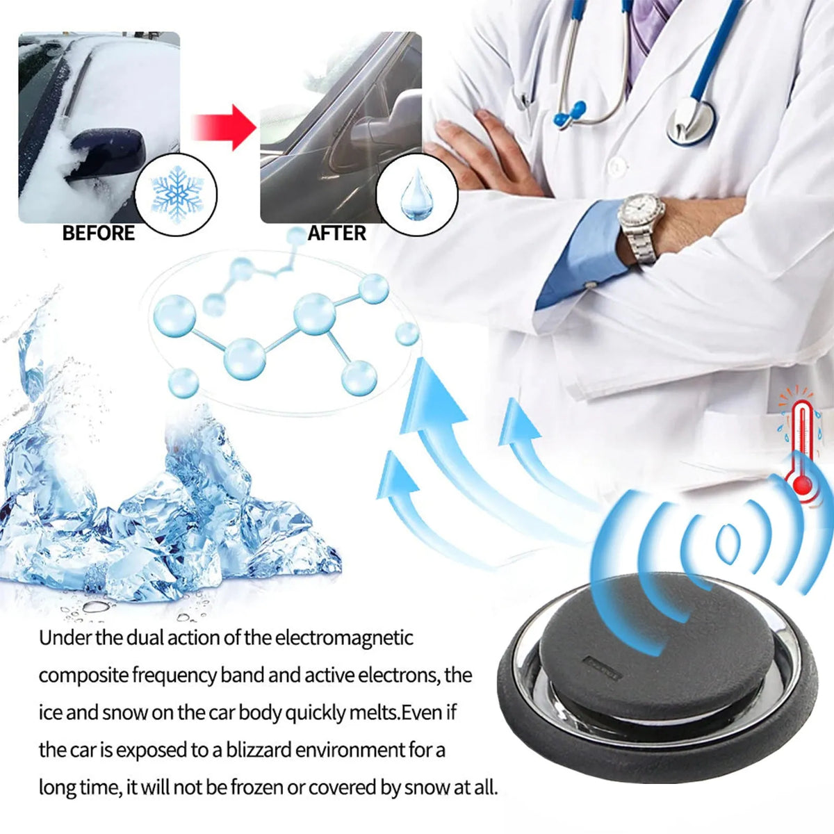 Compact black portable car deicing instrument for melting windscreen ice and snow.