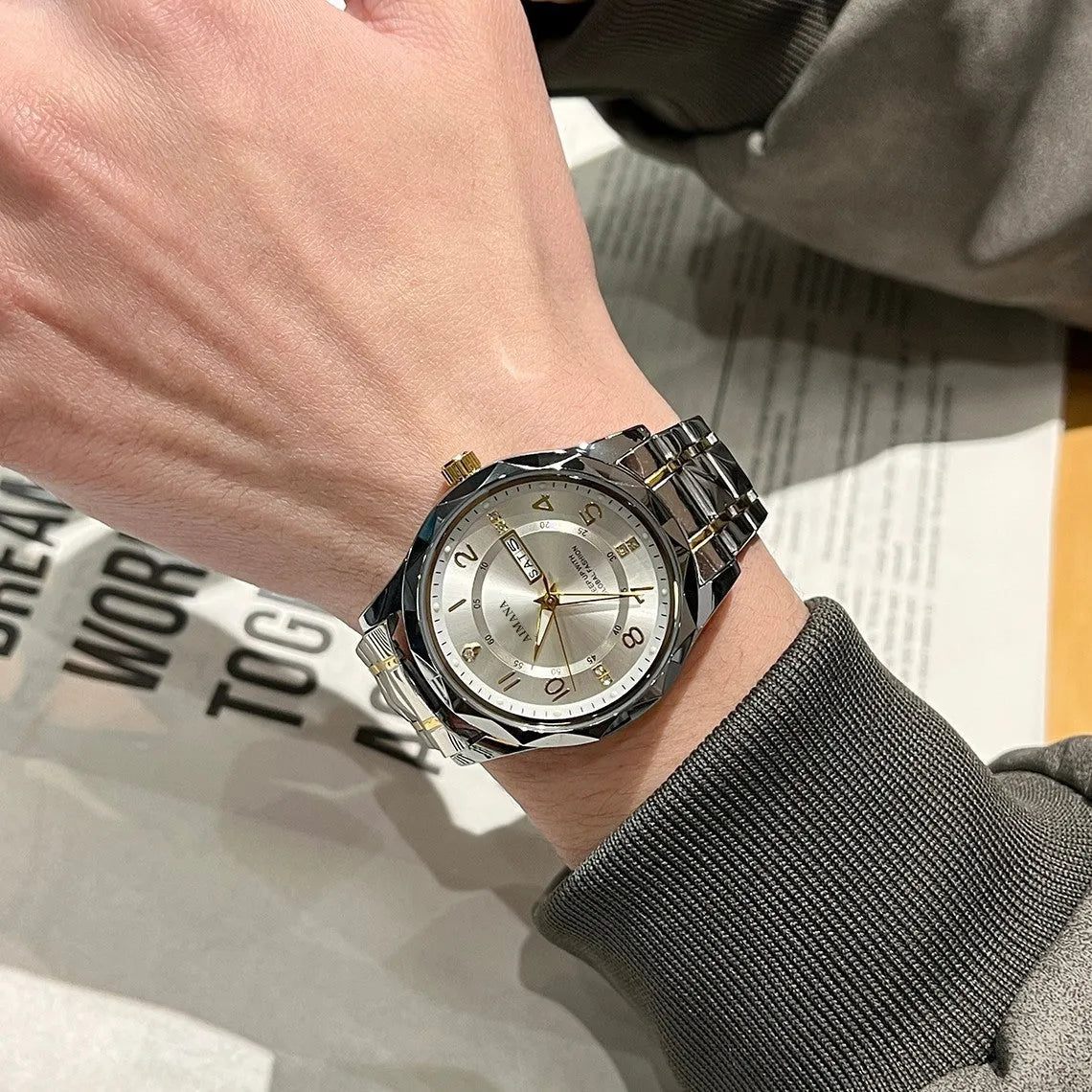 Women's dual calendar business watch with 7mm slim gold case, steel strip strap and white dial surface