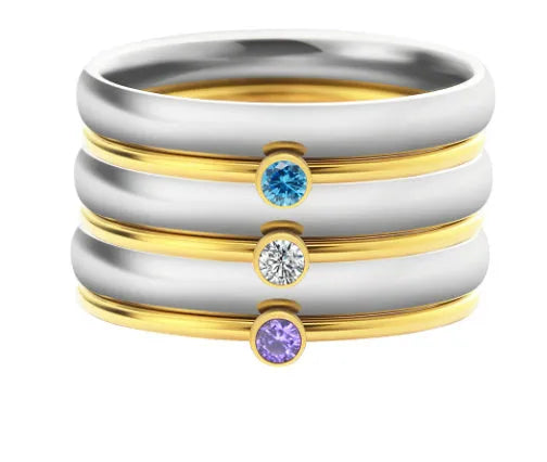 December birthstone titanium steel ring with engraved geometric design showing steel lettering and gold accents