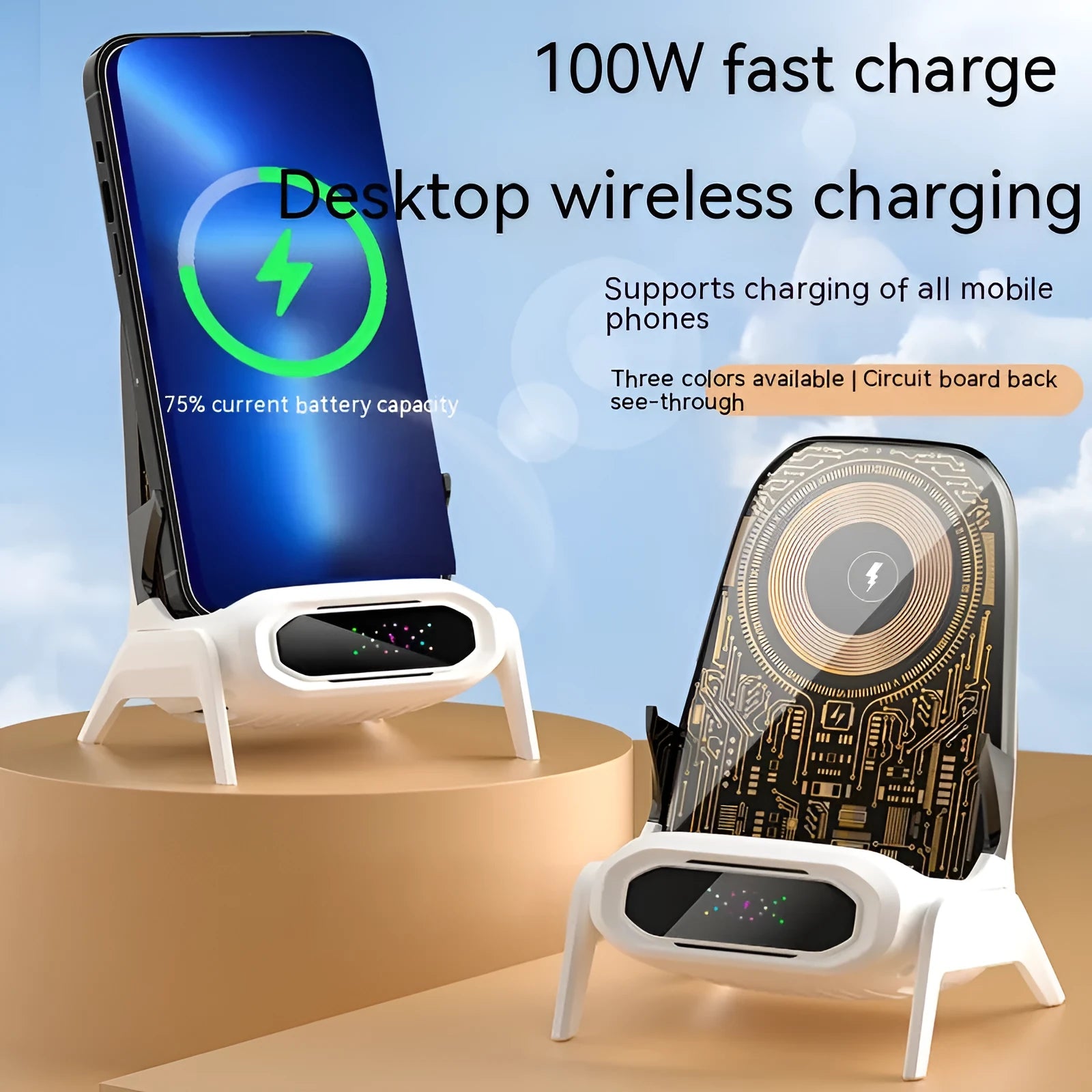 100W transparent small chair wireless charger stand in white with QC3.0 fast charging capability
