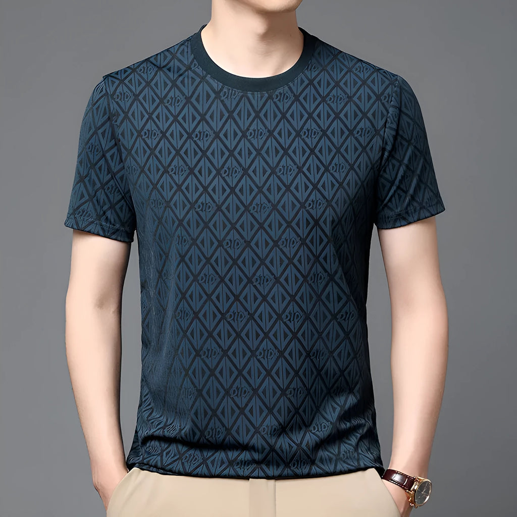 Men's loose fit jacquard short sleeve t-shirt in ice silk fabric, showing round neck and solid colour.