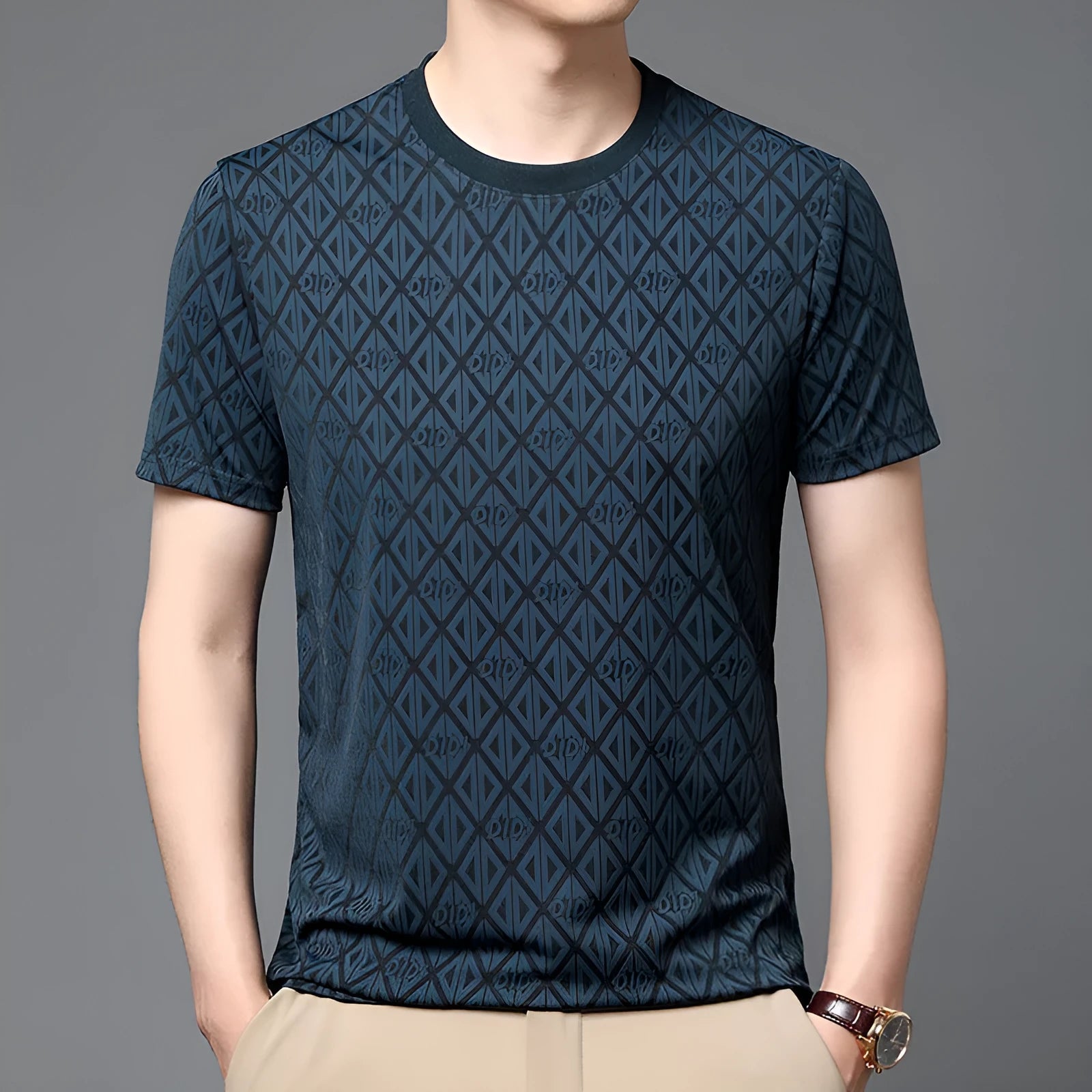 Men's loose fit jacquard short sleeve t-shirt in ice silk fabric, showing round neck and solid colour.