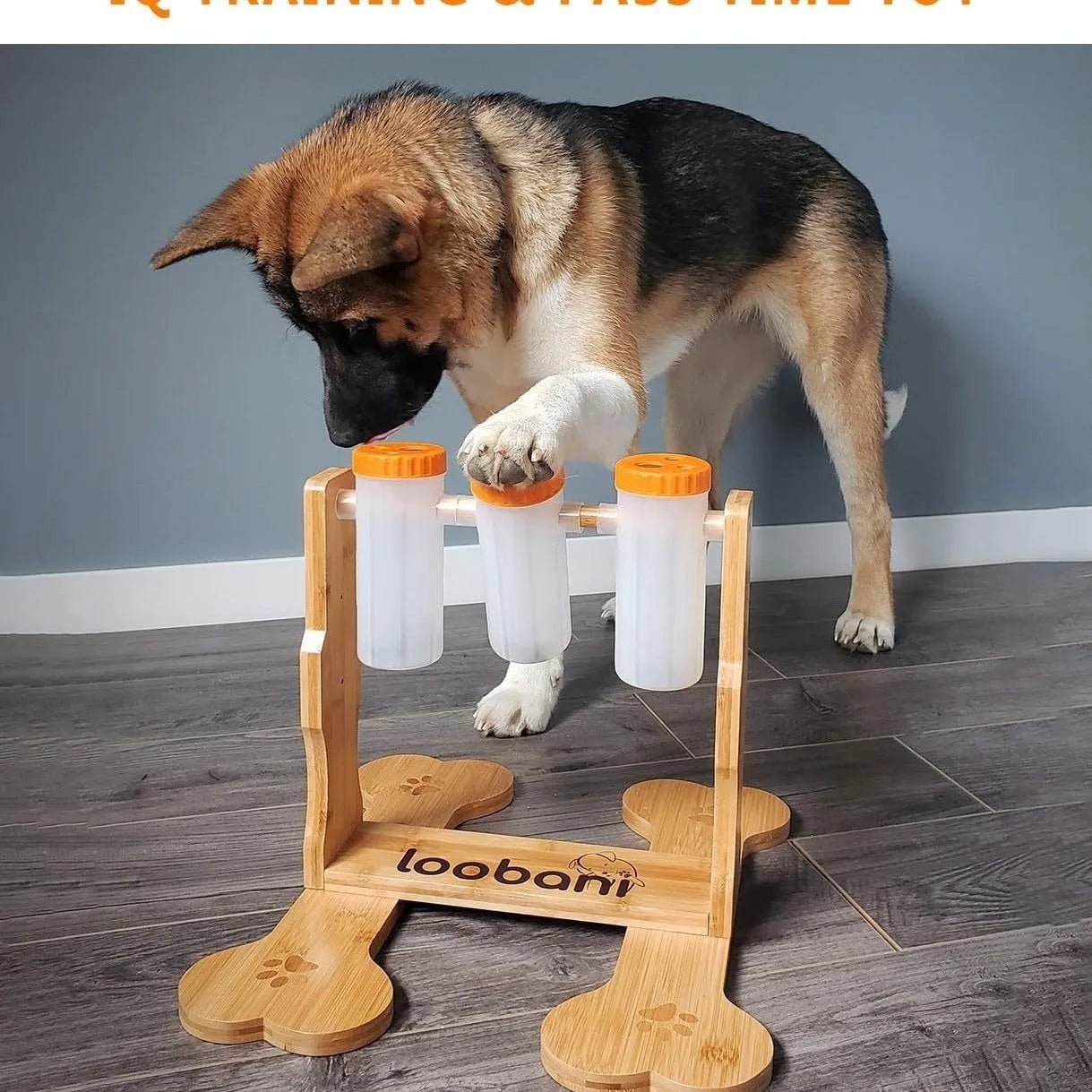 Large wooden interactive dog puzzle feeder toy for treat dispensing and slow feeding