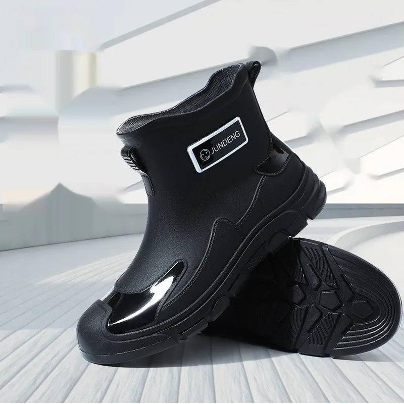 Men's waterproof PVC wading boots black flat heel low tube rubber shoes non-slip sole