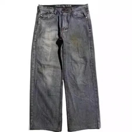 Grey wide-leg men's jeans with retro washed finish and straight-leg opening
