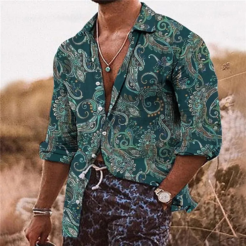Men's loose fit long sleeve shirt featuring a detailed 3D digital print floral pattern in multiple colours.