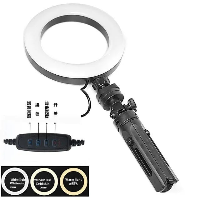 Black mobile live streaming bracket with adjustable colour fill light mounted on desktop tripod