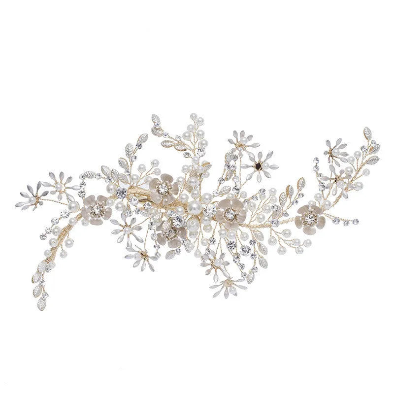 Light gold handmade bridal headdress side clip, 19x10cm, with pearl, iron flower and rhinestone detail