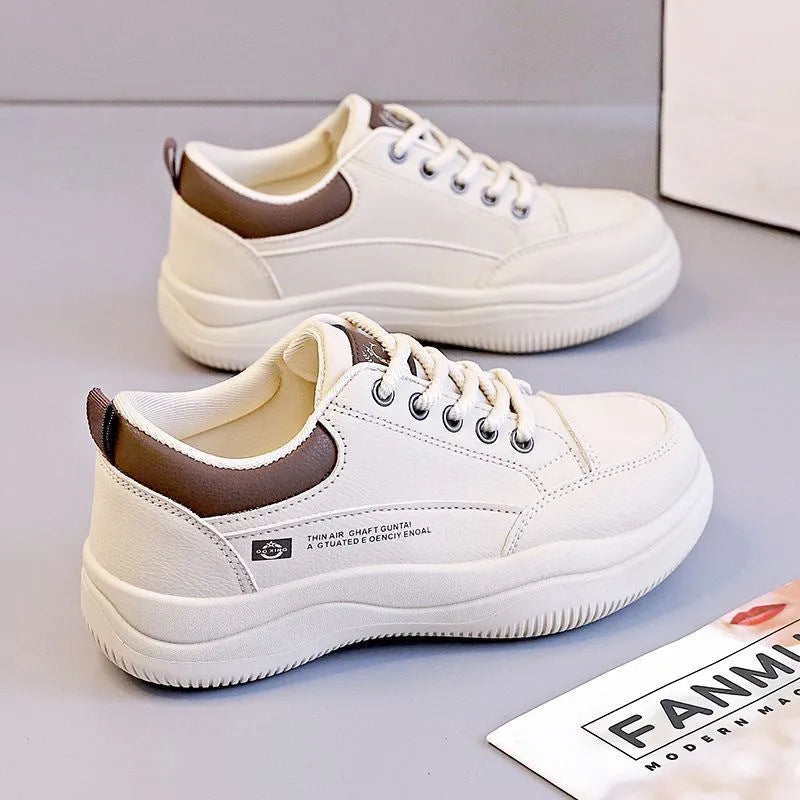 Women's white Korean-style leather pumps with cross straps and round toe, showing lace-up front and 3-5cm heel