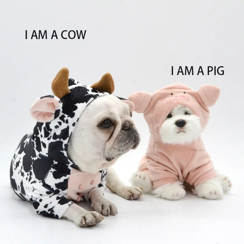 Black and white cow-shaped velvet dog costume on a pet, creative outfit with three size options S M L