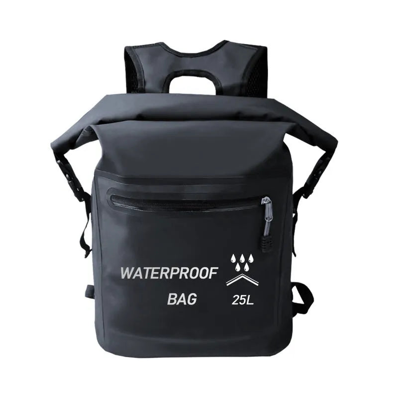 Black 25-litre waterproof outdoor backpack with 500D mesh for swimming and rafting
