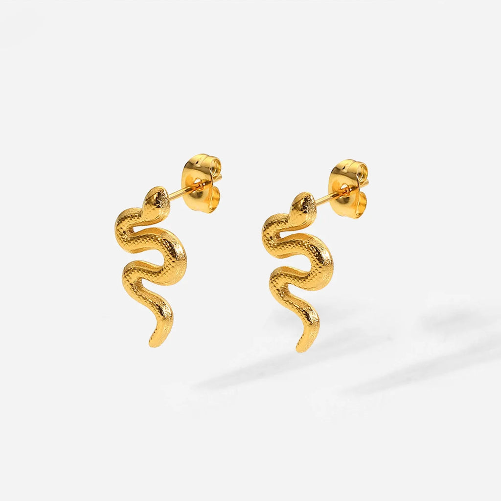 Gold snake stud earrings for women, 18K gold plated stainless steel, INS style, 1 pair