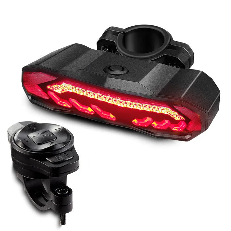 USB rechargeable bike brake taillight with LED light, remote control, and waterproof casing for mountain bicycle safety