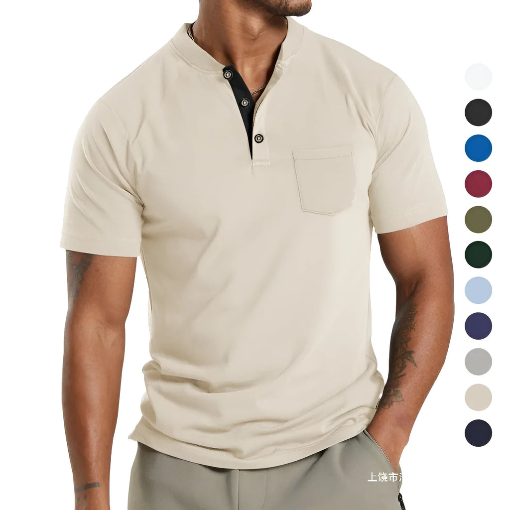 Men's plus size short sleeve polyester polo shirt with button chest pocket in solid colour