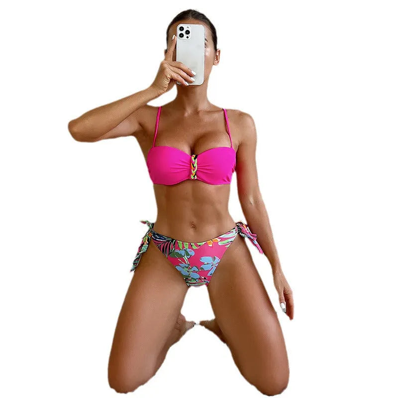 Rose red women's bikini swimsuit with braid rope design detail.