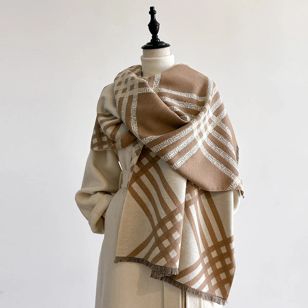 Long brown cashmere-like winter scarf with tassels laid flat showing its full 185cm length.