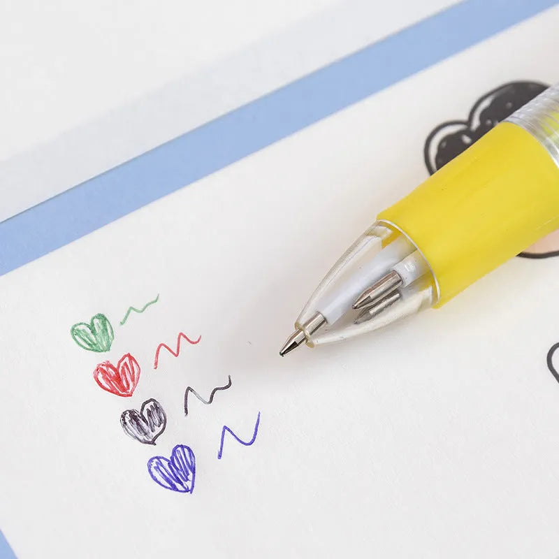 Four-colour press ballpoint pen with cartoon designs and 0.7mm tip in random colour pattern options