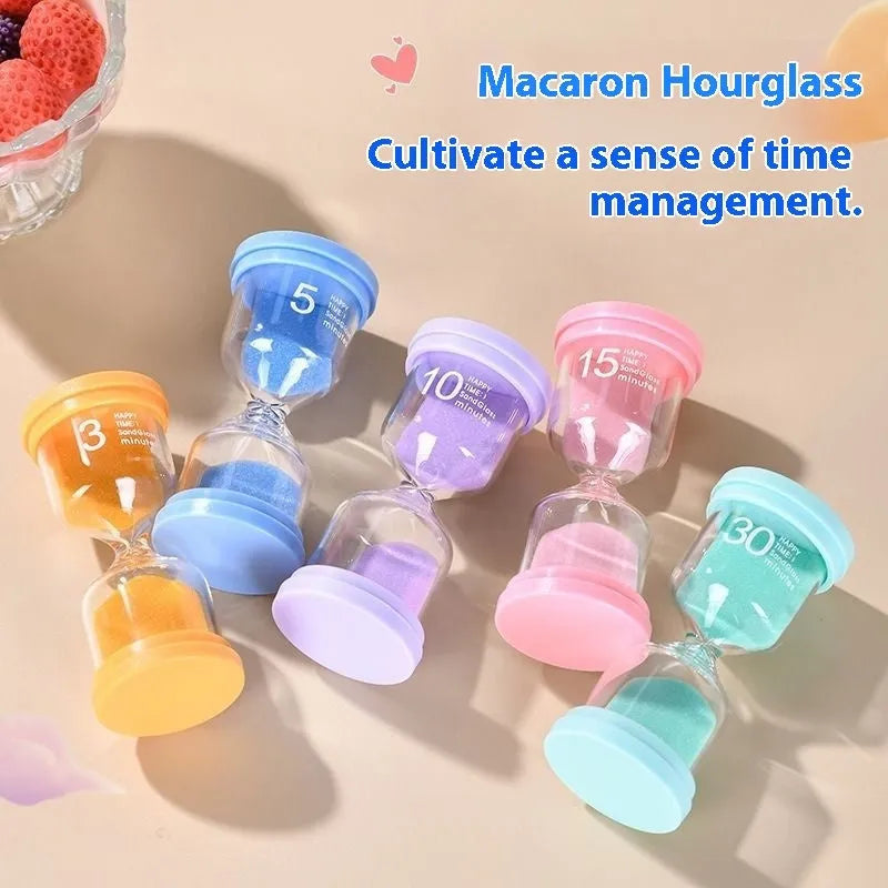 Handmade glass sand timer showing coloured sand flow with modern design, available in blue, green, pink or purple