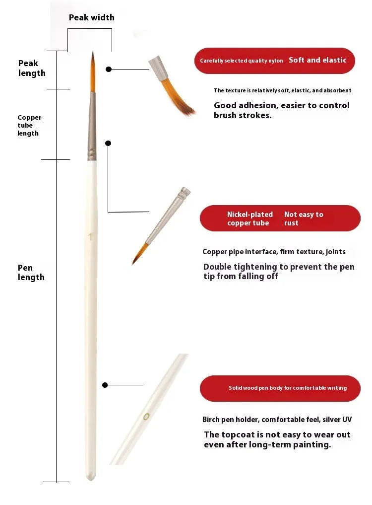 Set of 12 Pearl White artist paint brushes with nylon wool bristles, metal ferrules, and wooden handles.