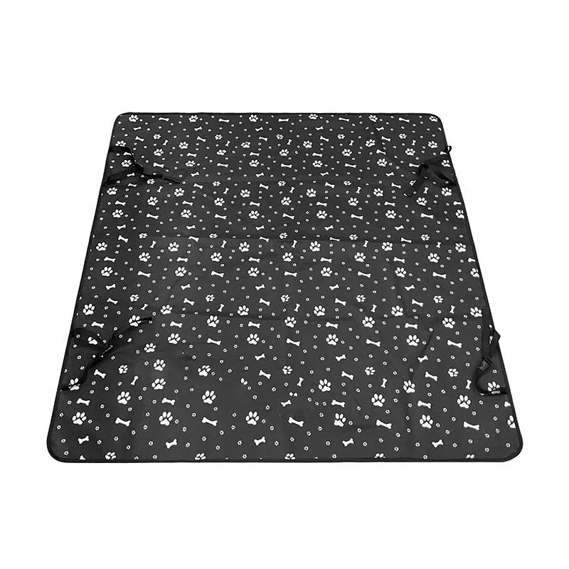 Water resistant cloth car pet mat for the rear seat, shown in a grey dog footprint print design.