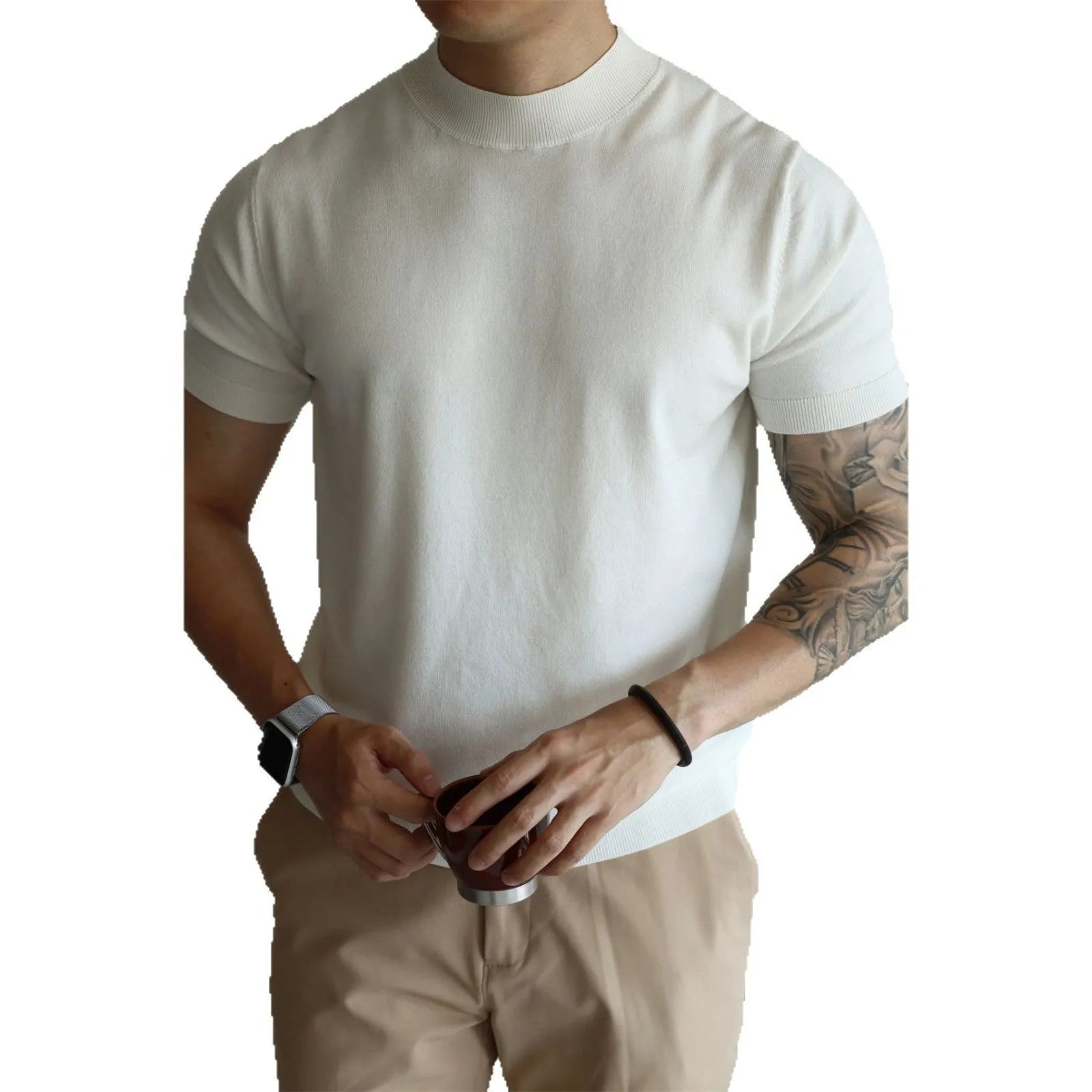 Men's slim-fit solid colour knit t-shirt in breathable polyester fabric on a hanger