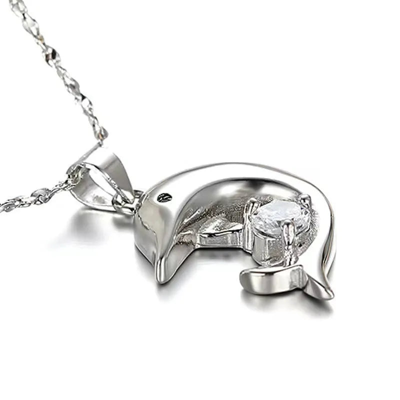 Silver plated copper dolphin pendant necklace with mixed gem inlay on O-link chain, women's fashion jewellery