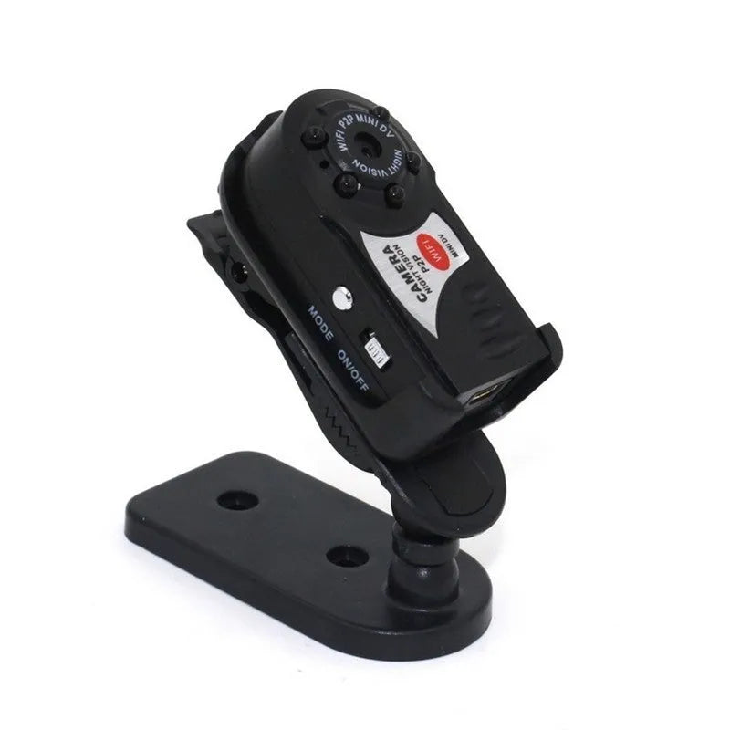 Black wireless network camera with lens, LCD screen, and Wifi for remote monitoring.