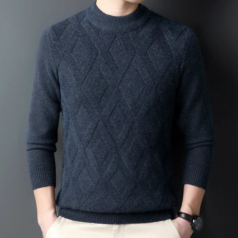 Men's thick diamond jacquard winter sweater in light camel colour, showing textured pattern