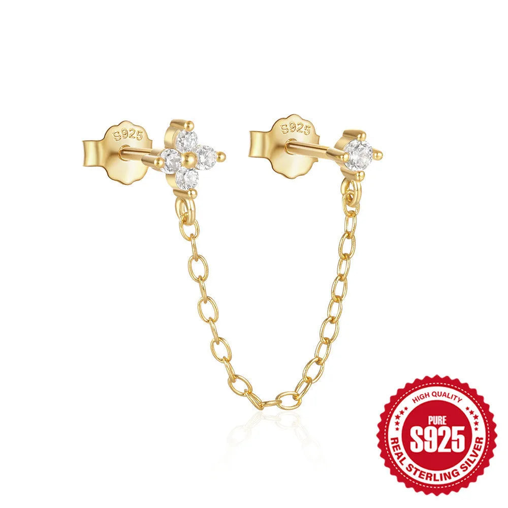S925 sterling silver stud earrings with flower, tassel, and chain design in gold electroplated finish.