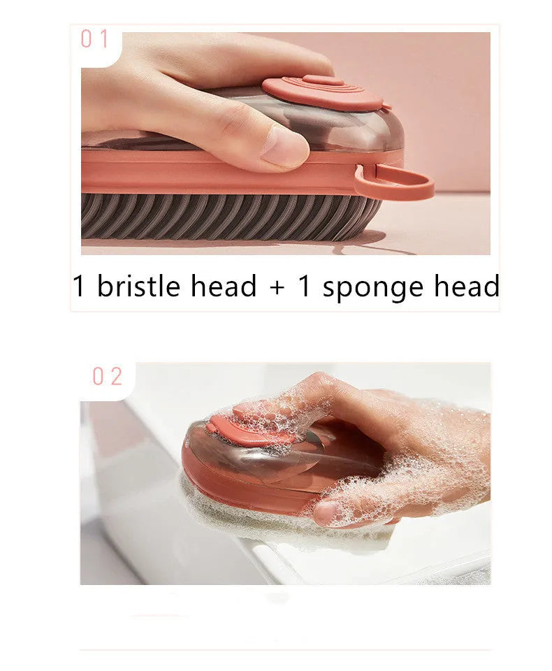 Automatic liquid cleaning brush with ergonomic grip in blue, green or red colours for shoes and laundry