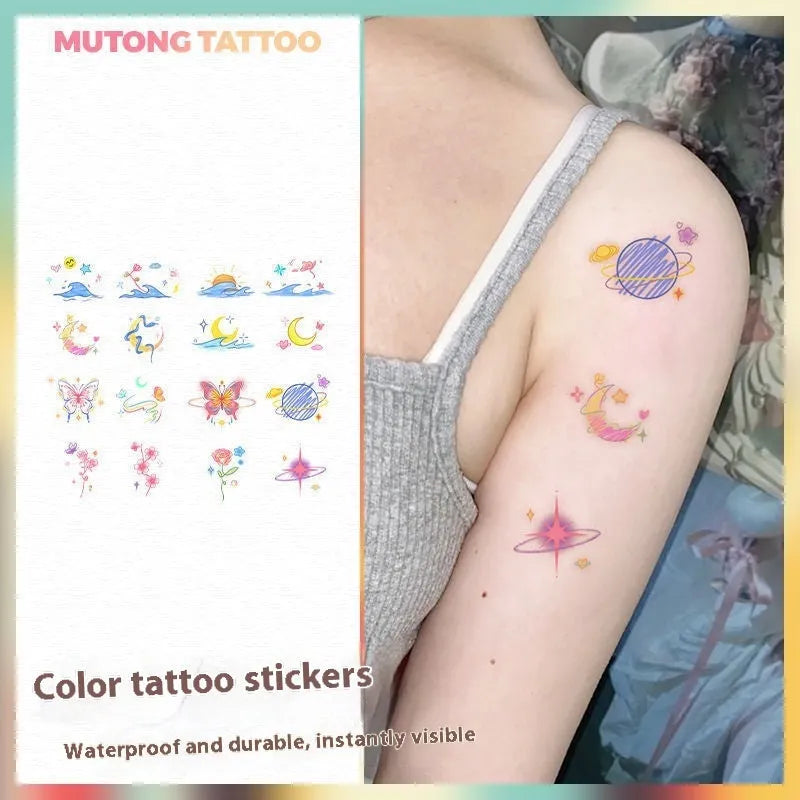 Butterfly moon colour shoulder clavicle tattoo sticker water transfer printing Chinese style geometric design