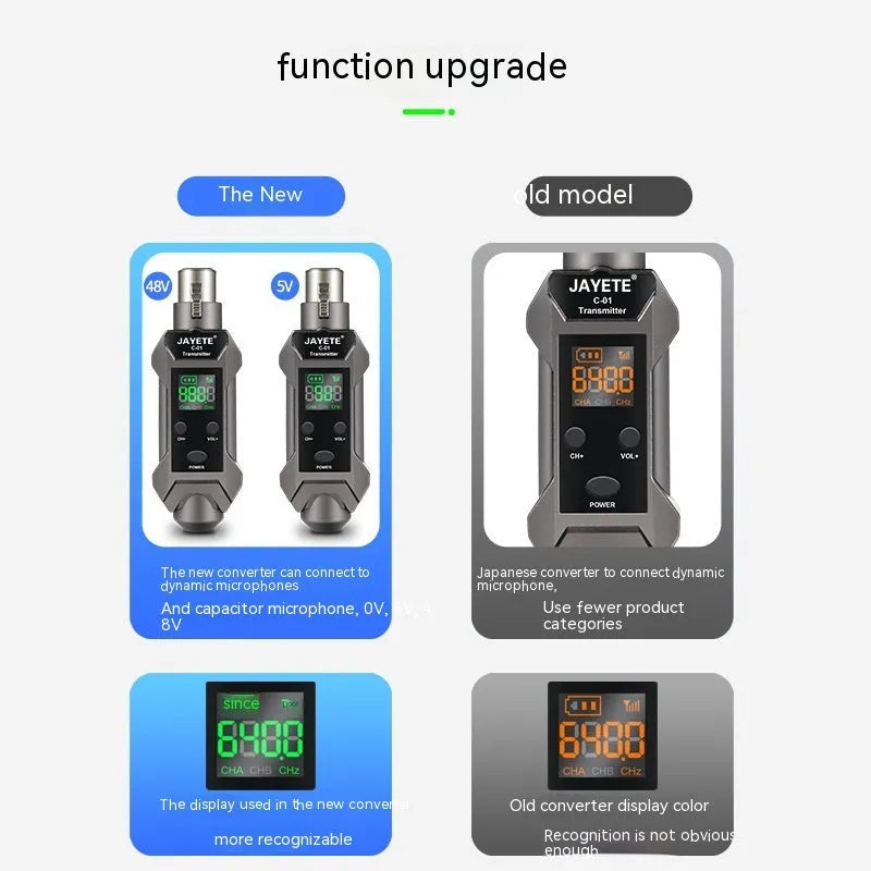Wireless microphone converter set with transmitter, receiver, and converter head for moving coil and condenser mics, 15x15x5cm