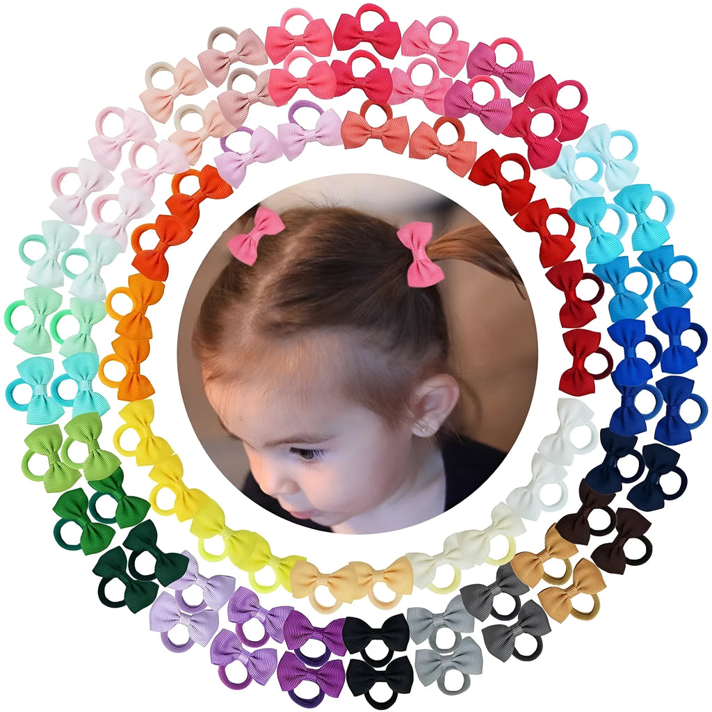 80 multicoloured baby hair ties with matching grosgrain ribbon bows for infants and toddlers.