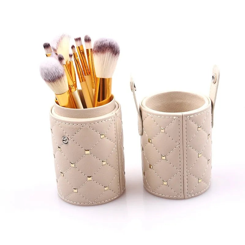 Beige white iron drill storage bucket with 12 makeup brushes with wooden handles and two-colour fibre bristles