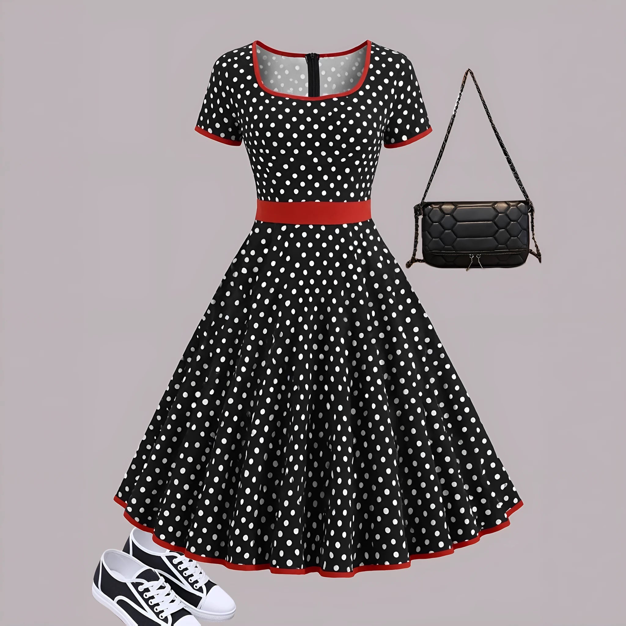 Women's square collar short sleeve dress with polka dot print, front zipper, and pleated mid-length skirt.
