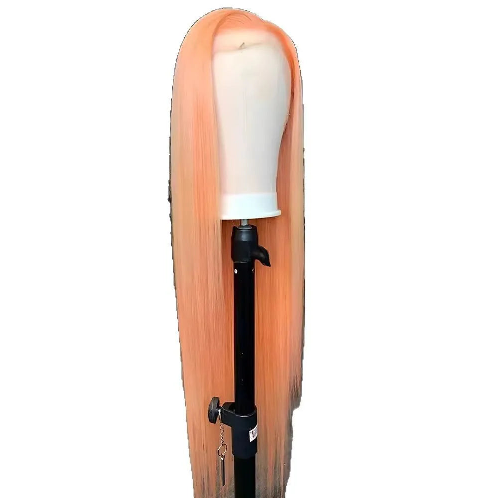 Light orange long straight front lace wig on a model, showing side bangs style.