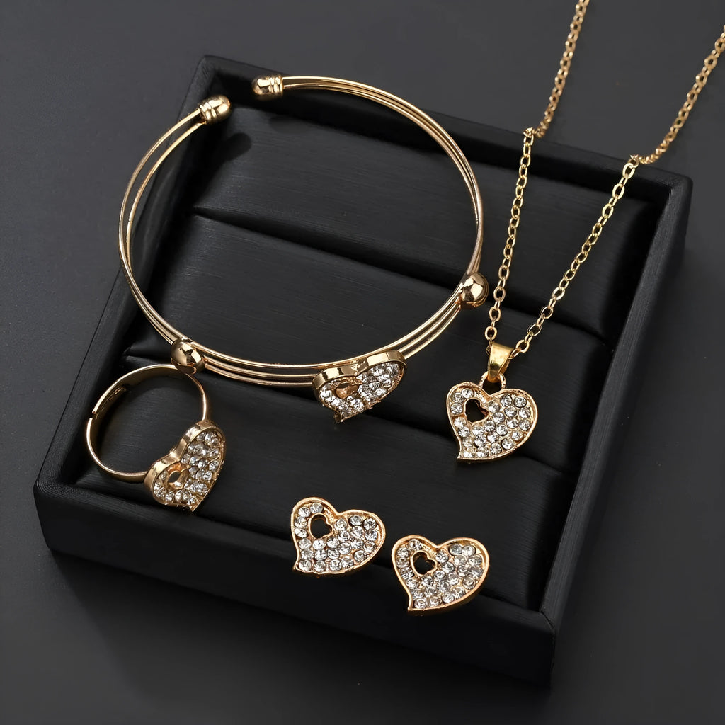 Gold tone women's love jewellery set with earrings, pendant and bracelet featuring adjustable 21-50cm sizing