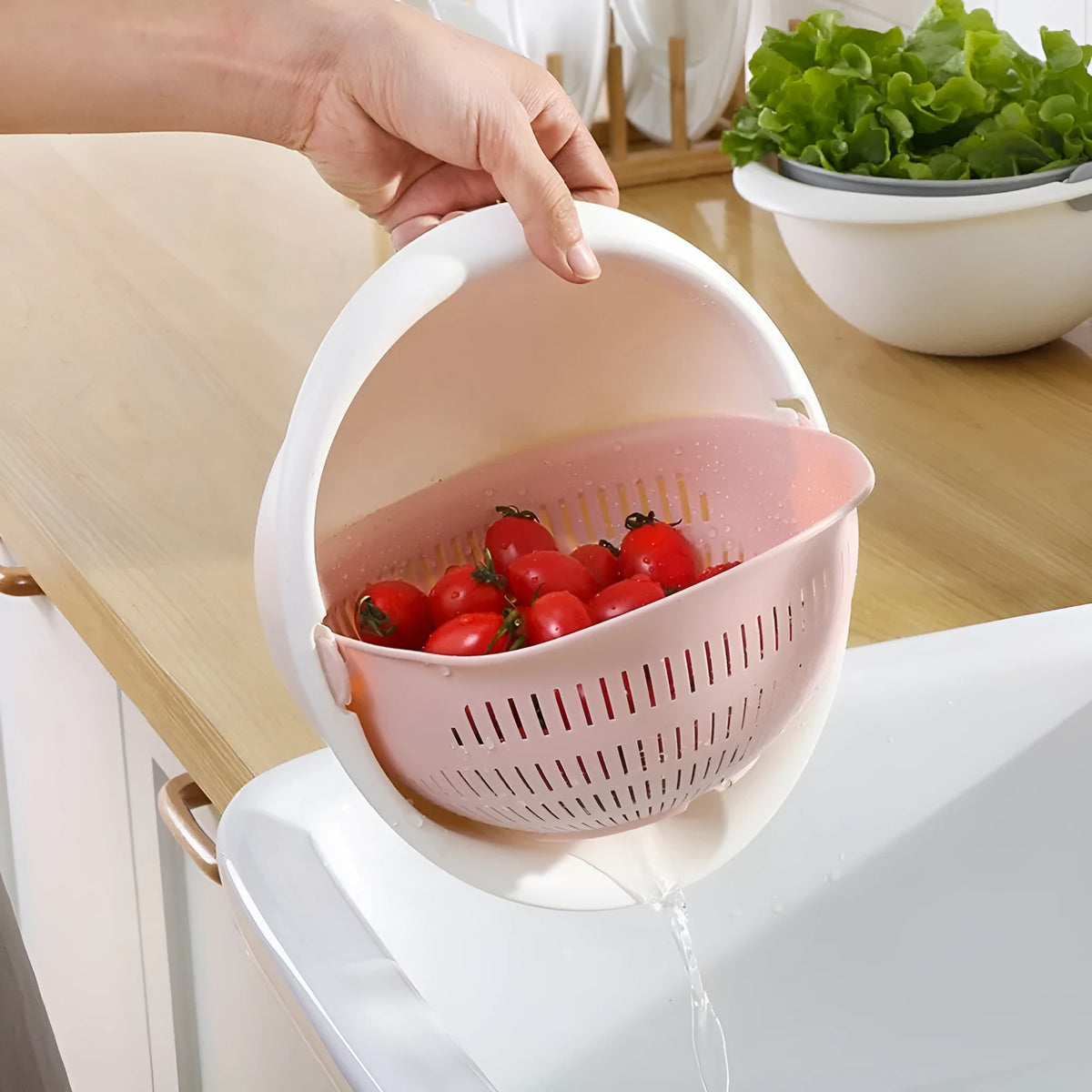 Detachable double-layer PP drain basket, 23 x 23 x 10.5 cm, for fruit, vegetables and rice noodles